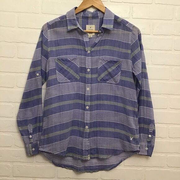 AEO plaid blue Vintage boyfriend 100% cotton button down blouse Small CORNFLOWER - Picture 14 of 14